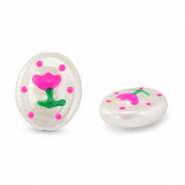 Acrylic beads oval with flower Pearl-Pink-Green