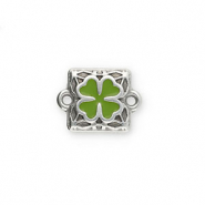 DQ European metal charms connector square with clover Antique Silver-Green (Nickelfree)