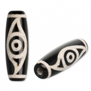 Natural stone beads Chalcedony tube with eye Black-Sand Beige