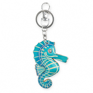 Leather keychain seahorse Dark Cyan Blue-Sand Beige