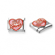 Stainless steel charms for italian bracelet heart "Girl power" Silver-Pink-Red
