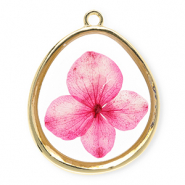 Charms with dried flowers egg-shaped Gold-Dark Pink