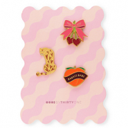 BY31® Pins bow with cherries / leopard / "Badass babe" on card Multicolour Pink-Burgundy Red-Brown-Bordeaux