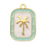 Stainless steel charms rectangle with palmtree Gold-Mint Green-White
